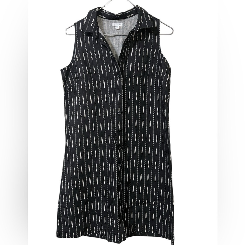 Garnet Hill Black Sleeveless Button-Front Mini Dress with White Dash Print